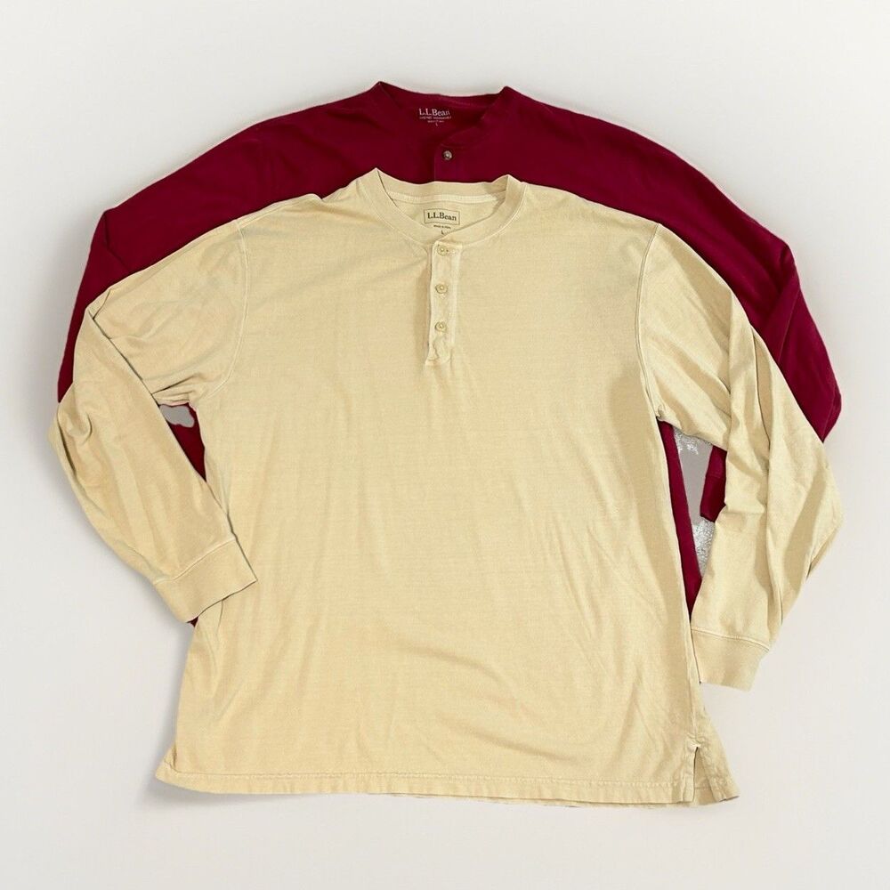 Set Of 2 LL Bean Shirts Mens Large Red Tan Henley Long Sleeve Cotton Carefree